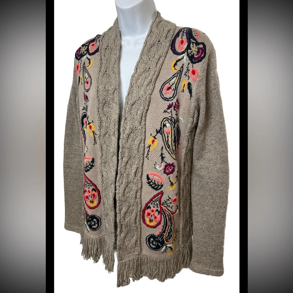 Anthropologie SLEEPING ON SNOW Folklore Cardigan Sweater Embroidered Fringe Boho